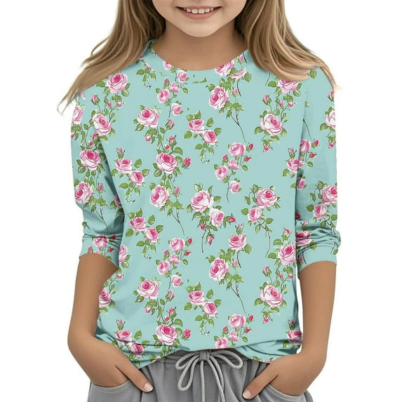 AUNVITO Kids 3/4 Sleeve Round Neck Pullover T-Shirt Casual Top with Fashion Print Design