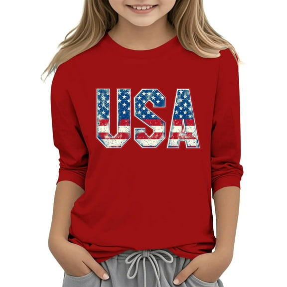 AUNVITO Kids 3/4 Sleeve & Round Neck T-shirts 4th of July Print Tops