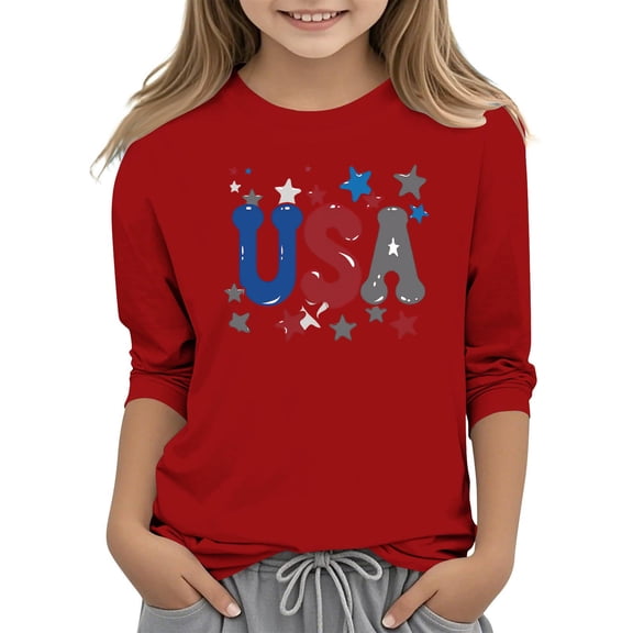 AUNVITO Kids 3/4 Sleeve & Round Neck T-shirts 4th of July Print Tops