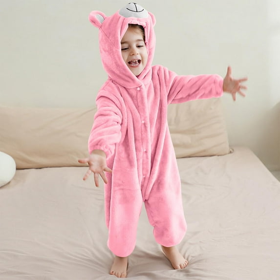 AUNVITO Kids Bear Romper Pajamas Double-Sided Fleece Hooded Ears Button-Up Long Sleeve Winter Cozy Sleepwear