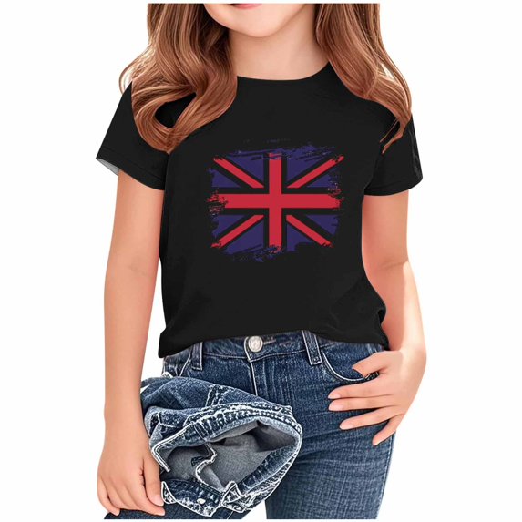AUNVITO Kids British Flag Print Casual Loose Fit Round Neck Short Sleeve T-Shirt Comfortable Top