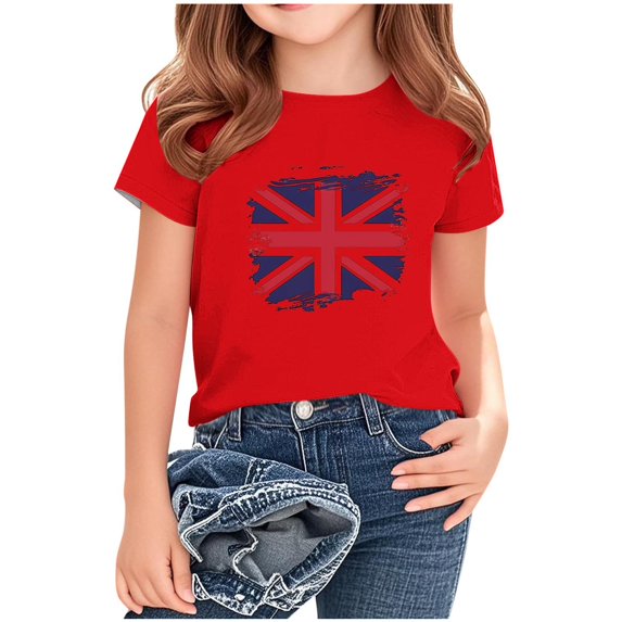 AUNVITO Kids British Flag Print Casual Loose Fit Round Neck Short Sleeve T-Shirt Comfortable Top