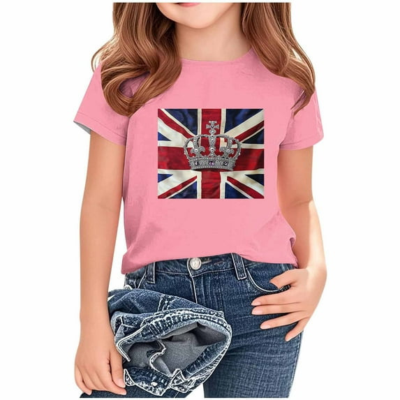 AUNVITO Kids British Flag Print Casual Loose Fit Round Neck Short Sleeve T-Shirt Graphic Style