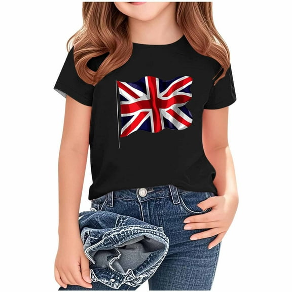 AUNVITO Kids British Flag Print Casual Loose Fit T-Shirt Short Sleeve Crew Neck Graphic Tee