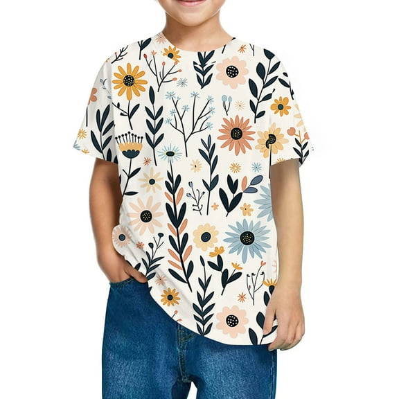 AUNVITO Kids' Casual Cute Print Cotton T-shirt Short Sleeve Round Neck Top Stylish Comfort