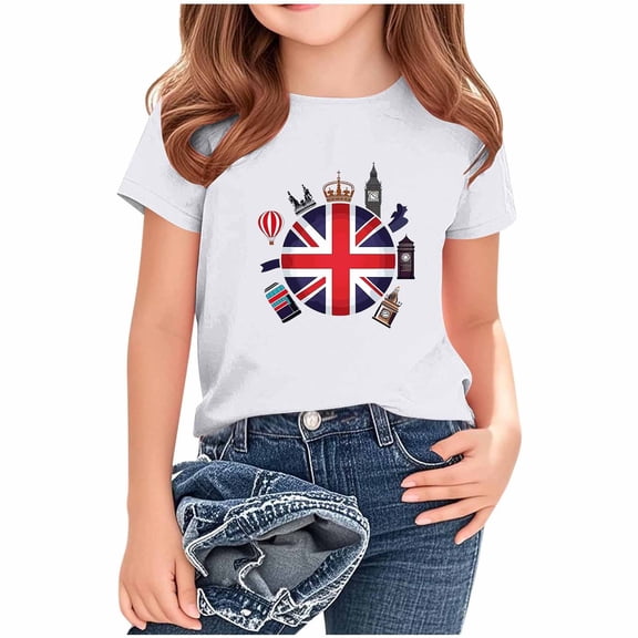 AUNVITO Kids Casual Loose Fit British Flag Print Short Sleeve Round Neck Shirt Top for Big Boys & Girls