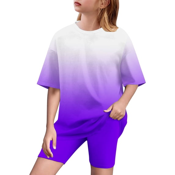 AUNVITO Kids Casual Loose Fit Short Sleeve T-Shirt & Yoga Shorts Set Gradient Sportswear Outfit for Boys Girls 5-15 Years