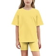 thumbnail image 1 of AUNVITO Kids Casual Loose Fit Short Sleeve T-Shirt & Yoga Shorts Set Solid Color Sportswear Outfit for Boys Girls 5-15 Years, 1 of 9