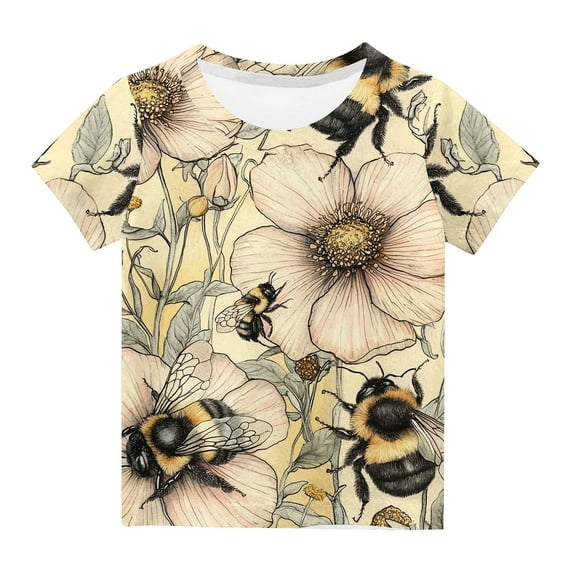 AUNVITO Kids Casual T-Shirt Bee Print Round Neck Short Sleeve Summer Top Boys & Girls Youth