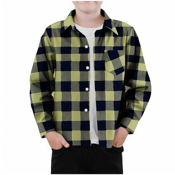 AUNVITO Kids Checkered Shirt with Pockets Long Sleeve Button-Up Breathable Polyester Casual Top for Boys & Girls 2-12Y