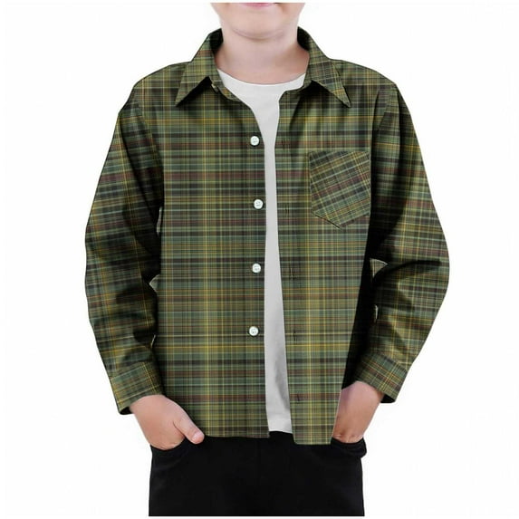 AUNVITO Kids Checkered Shirt with Pockets Long Sleeve Button-Up Breathable Polyester Casual Top for Boys & Girls 2-12Y