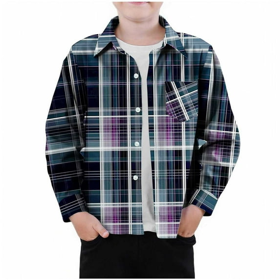 AUNVITO Kids Checkered Shirt with Pockets Long Sleeve Button-Up Breathable Polyester Casual Top for Boys & Girls 2-12Y