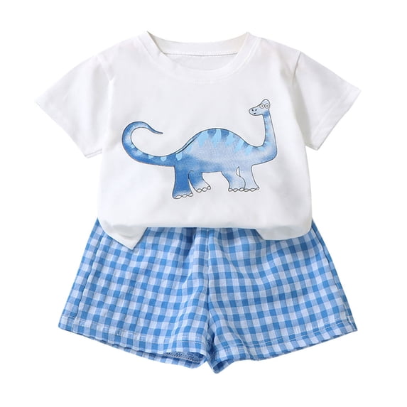 AUNVITO Kids Dinosaur Print T-Shirt & Checkered Shorts Casual Set Short Sleeve Round Neck Spring Summer Play Outfit