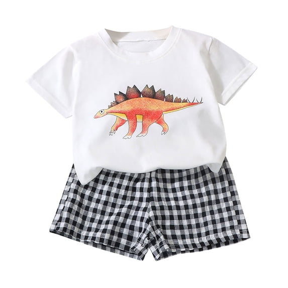 AUNVITO Kids Dinosaur Print T-Shirt & Checkered Shorts Casual Set Short Sleeve Round Neck Spring Summer Play Outfit