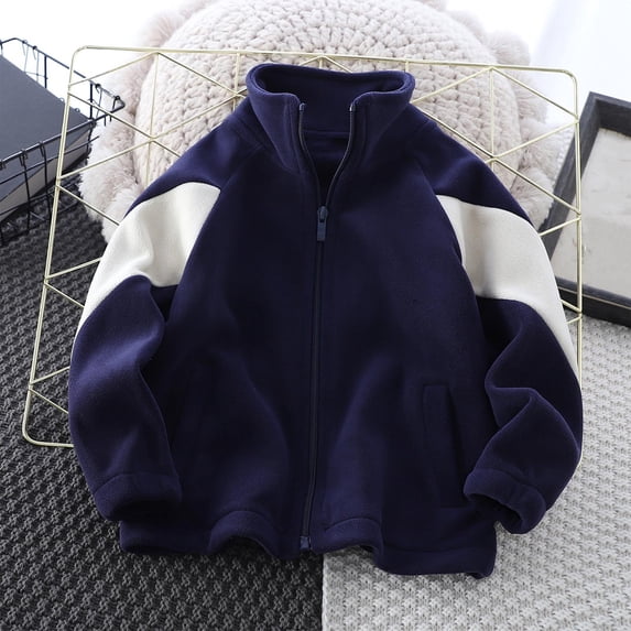 AUNVITO Kids Fleece Jacket Soft Warm Full-Zip 3-13Y Solid Color & Contrast Trim Windproof Loose Fit Casual Outerwear for Daily Play