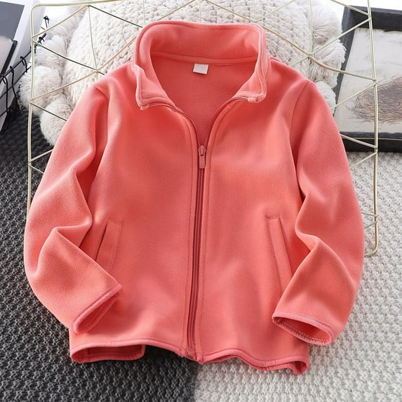 AUNVITO Kids Fleece Jacket Soft Warm Full-Zip 3-13Y Solid Color & Contrast Trim Windproof Loose Fit Casual Outerwear for Daily Play