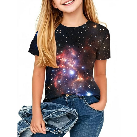 AUNVITO Kids' Galaxy Print Tee | Short Sleeve Round Neck | 3-14Y Unisex | Summer Casual Top