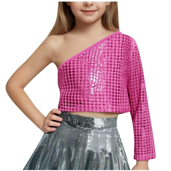 AUNVITO Kids Girls One Shoulder Long Sleeve Dance Crop Top Shiny Sparkly Hip Hop Streetwear Cropped T-Shirts Dancewear