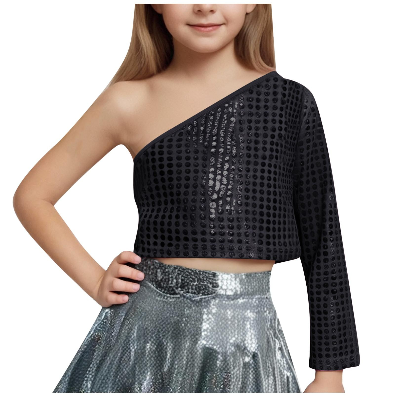 AUNVITO Kids Girls One Shoulder Long Sleeve Dance Crop Top Shiny Sparkly Hip Hop Streetwear Cropped T-Shirts Dancewear