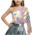 thumbnail image 1 of AUNVITO Kids Girls One Shoulder Long Sleeve Dance Crop Top Shiny Sparkly Hip Hop Streetwear Cropped T-Shirts Dancewear, 1 of 4