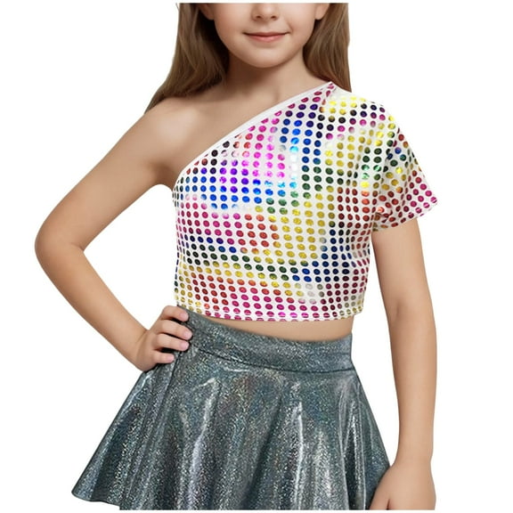AUNVITO Kids Girls One Shoulder Short Sleeve Dance Crop Top Shiny Sparkly Hip Hop Streetwear Cropped T-Shirts Dancewear