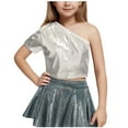thumbnail image 1 of AUNVITO Kids Girls One Shoulder Short Sleeve Dance Crop Top Shiny Sparkly Hip Hop Streetwear Cropped T-Shirts Dancewear, 1 of 4