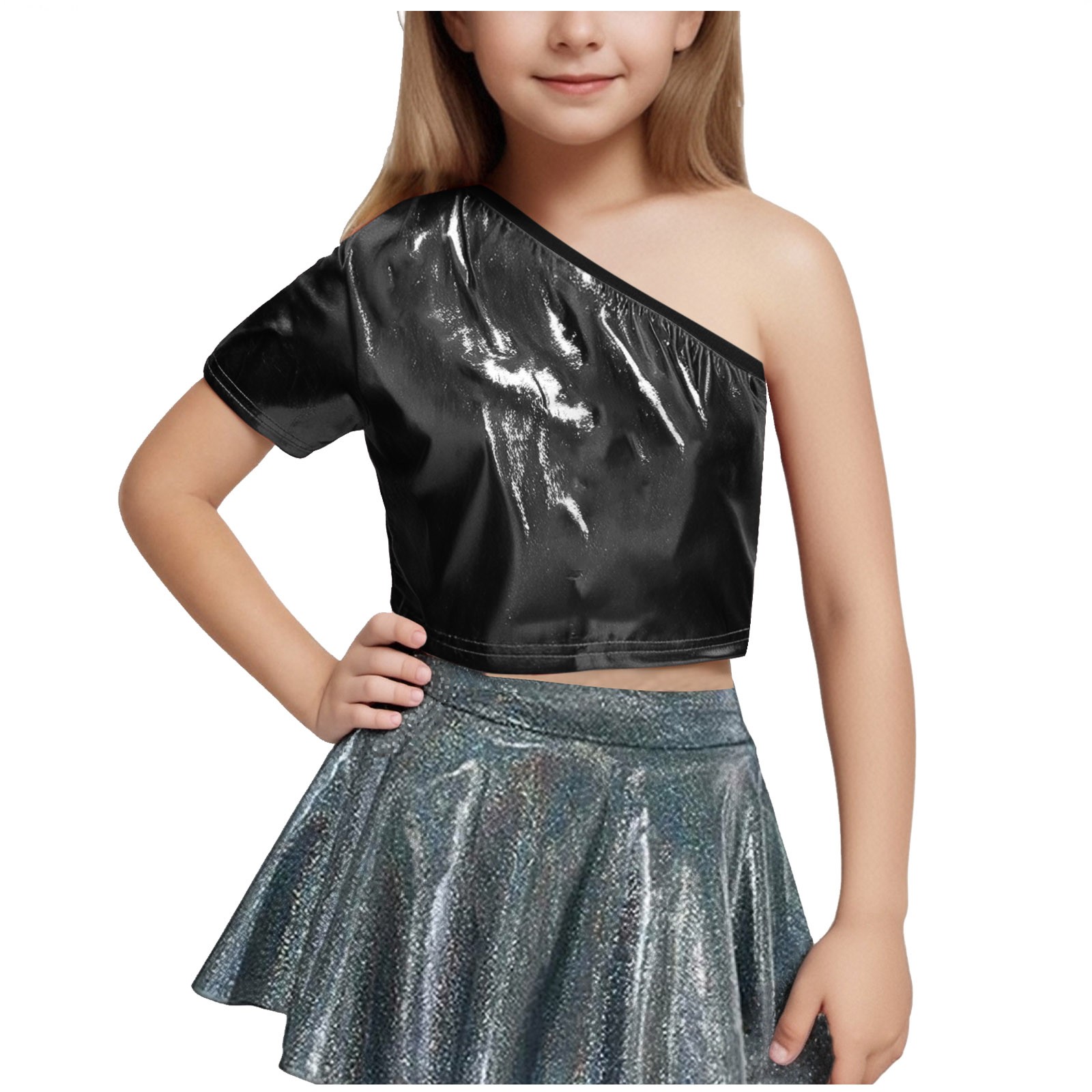 AUNVITO Kids Girls One Shoulder Short Sleeve Dance Crop Top Shiny 