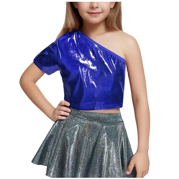 AUNVITO Kids Girls One Shoulder Short Sleeve Dance Crop Top Shiny Sparkly Hip Hop Streetwear Cropped T-Shirts Dancewear