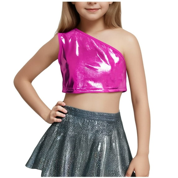 AUNVITO Kids Girls One Shoulder Sleeveless Dance Crop Top Shiny Sparkly Hip Hop Streetwear Cropped T-Shirts Dancewear