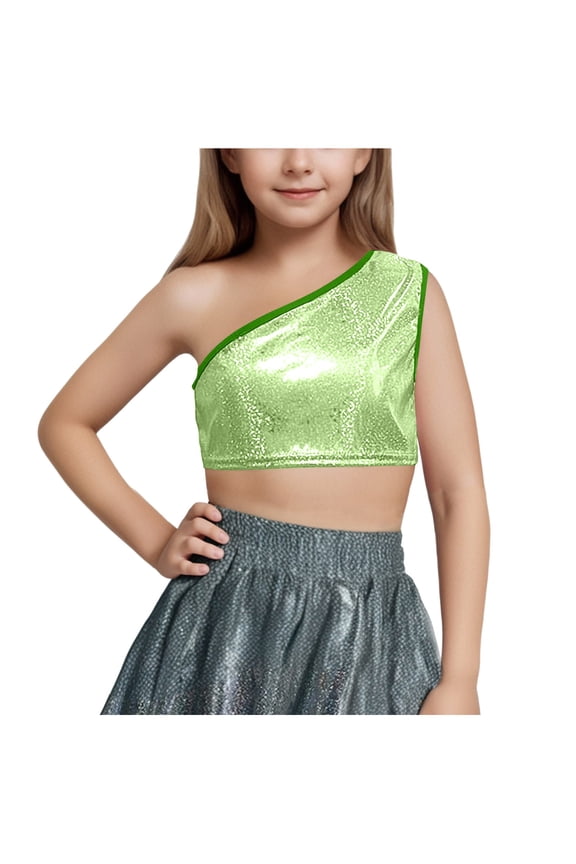 Kids Girls One Shoulder Sleeveless Dance Crop Top Shiny Sparkly Hip Hop Streetwear Cropped T-Shirts Dancewear