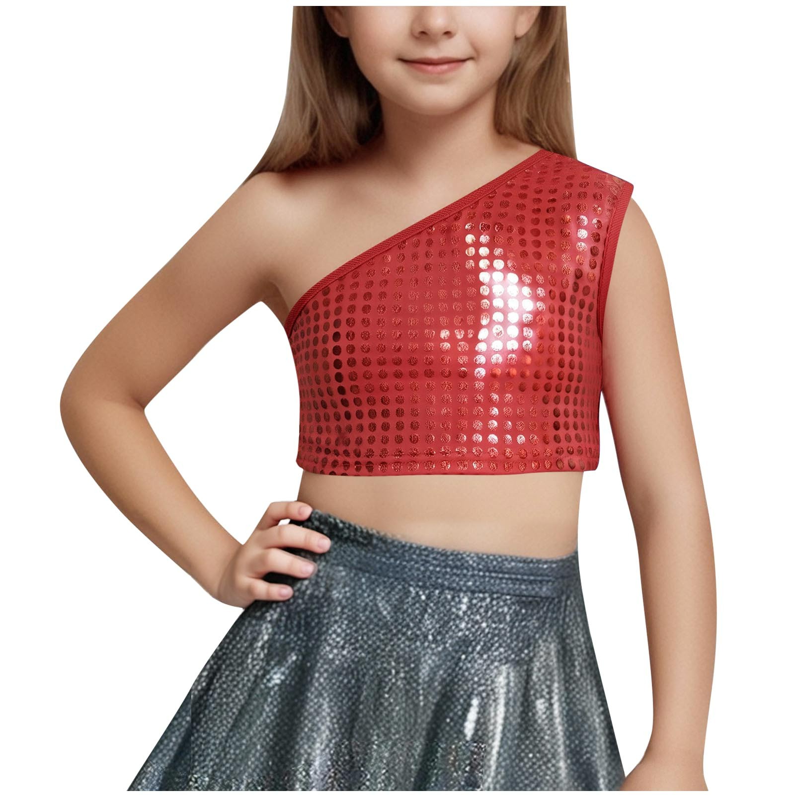 AUNVITO Kids Girls One Shoulder Sleeveless Dance Crop Top Shiny Sparkly 