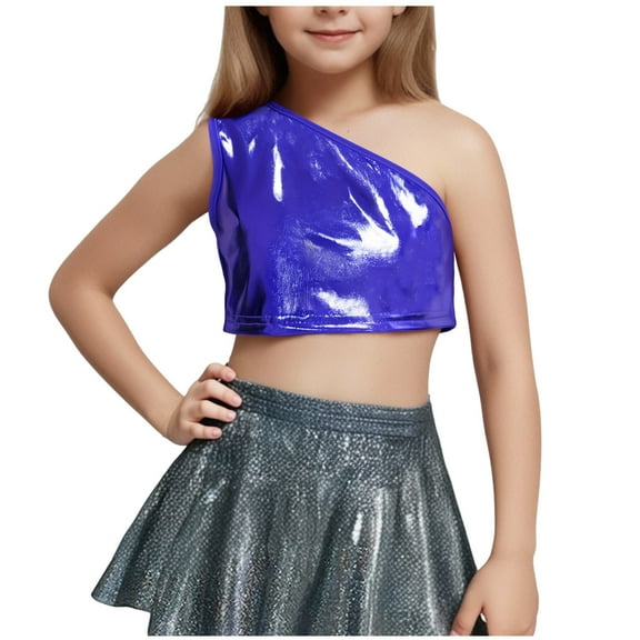 AUNVITO Kids Girls One Shoulder Sleeveless Dance Crop Top Shiny Sparkly Hip Hop Streetwear Cropped T-Shirts Dancewear