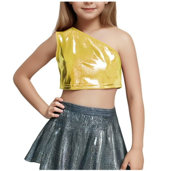 AUNVITO Kids Girls One Shoulder Sleeveless Dance Crop Top Shiny Sparkly Hip Hop Streetwear Cropped T-Shirts Dancewear