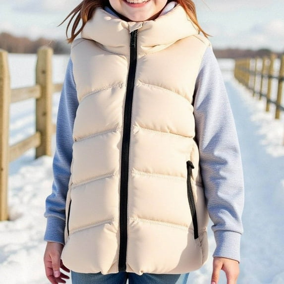 AUNVITO Kids Hooded Puffer Vest Lightweight Warm Zipper Front Jacket for Boys & Girls 5-10Y, Solid Color Quilted Sleeveless Coat Outdoor Winter Layering
