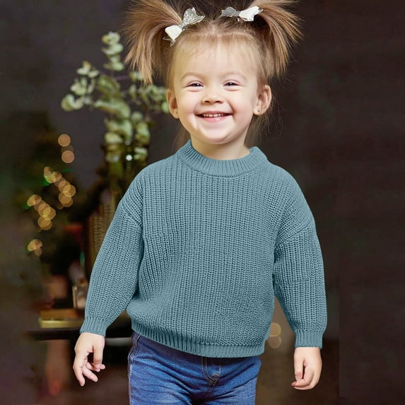 AUNVITO Kids Pullover Sweater Solid Color Long Sleeve Round Neck Comfortable Stretchy Casual Basic Top