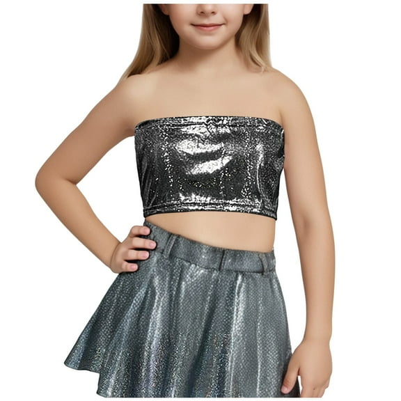 AUNVITO Kids Sequins Tube Top Stretch Bandeau Strapless Sequin Crop Tops Party Club Wear Top for Girls Dancewear Streetwear