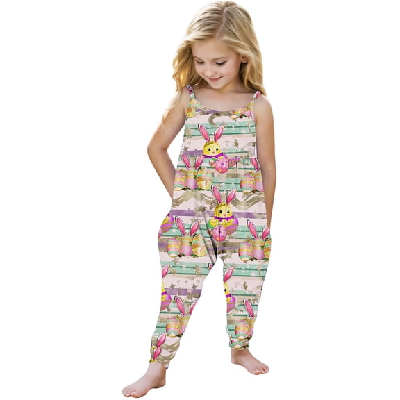 AUNVITO Kids Sleeveless Easter Overalls Summer Casual Play Clothes with Pockets Boys Girls Outfit