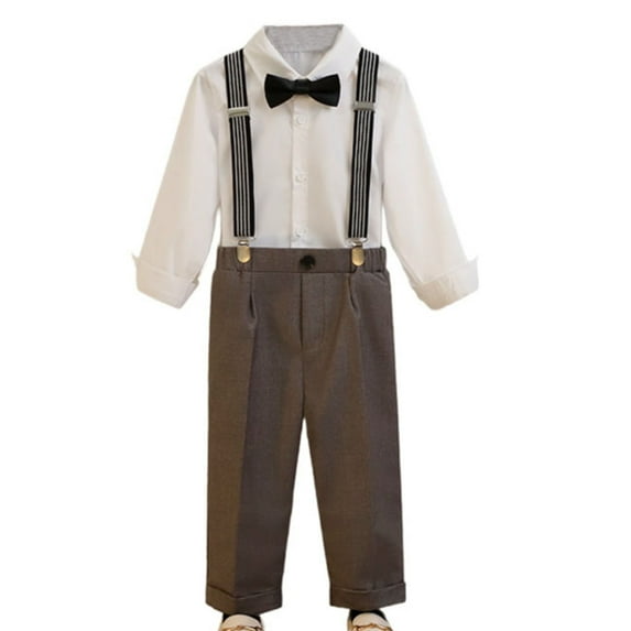 AUNVITO Kids Suspenders Suit Set with Shirt & Bow Tie 1-12Y Formal Casual Slim Fit Stage Performance Outfit Long Sleeve Notch Lapel Polyester