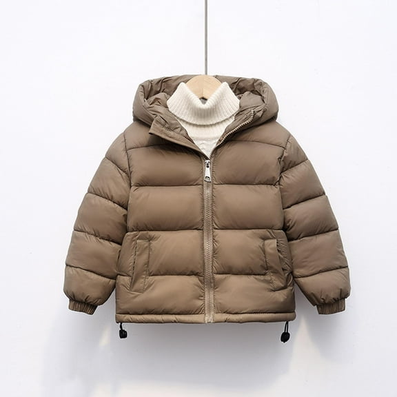 AUNVITO Kids Thermal Hooded Puffer Coat Full-Zip Winter Jacket Lightweight Cotton Insulated Outerwear 4-12Y Boys & Girls Casual Solid Color Long Sleeve