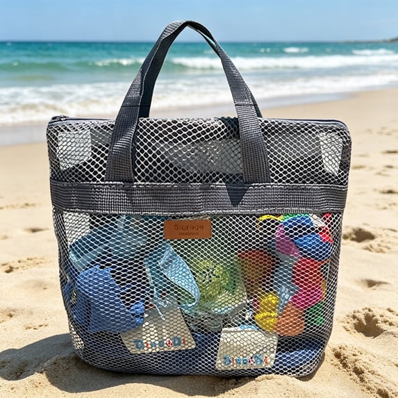 AUNVITO Mesh Net Beach Tote Bag, Large Capacity Ventilated Sand-Proof Shoulder Handbag for Summer Swimming Travel Outdoor, 1pc