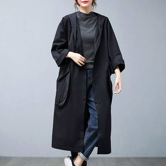 AUNVITO Plus Size Women's Utility Trench Coat Longline Hooded Vintage Windbreaker Jacket Solid Color Lapel Zipper Casual Fashion Outerwear for Travel Work Party