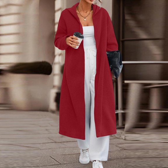 AUNVITO Soft Hooded Longline Cardigan with Pockets Cozy Open-Front Casual Cover Up for Women