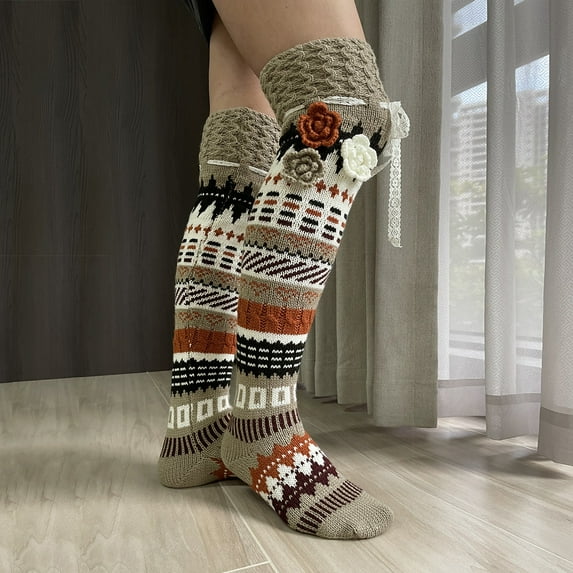 AUNVITO Soft Warm Fleece-Lined Knee High Socks for Women with Cute Accents Non-Slip Winter Floor Socks