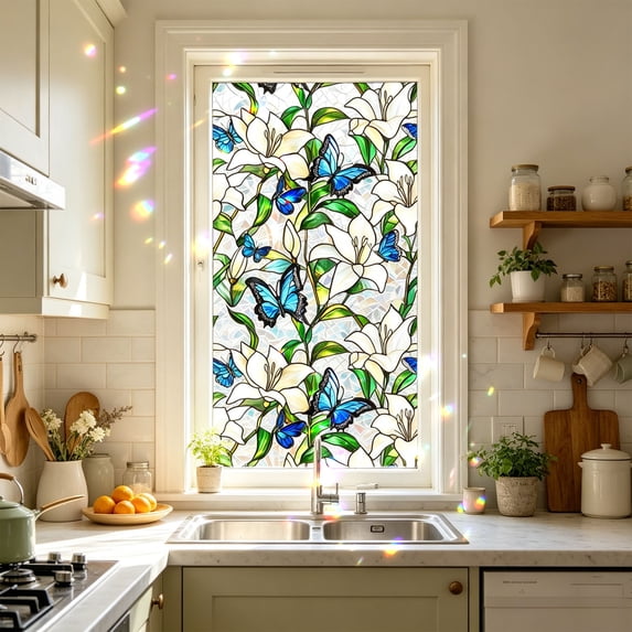 AUNVITO Static Cling Window Film 43 x 100 cm, Floral Stained Glass Decal, Privacy Window Decoration, Removable Window Sticker