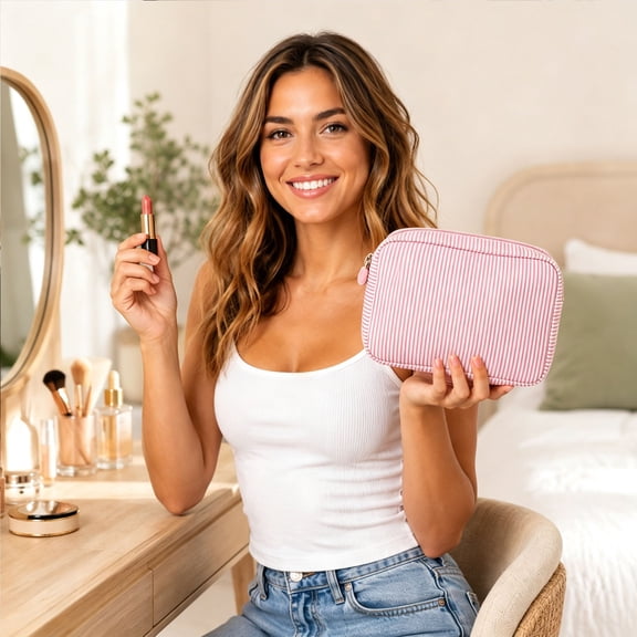 AUNVITO Striped Cotton Quilted Cosmetic Bag, Boho Indigenous Pattern Travel Toiletry Pouch, Soft Puffy Portable Storage Organizer in 4 Tones for Daily Travel & Beach Use