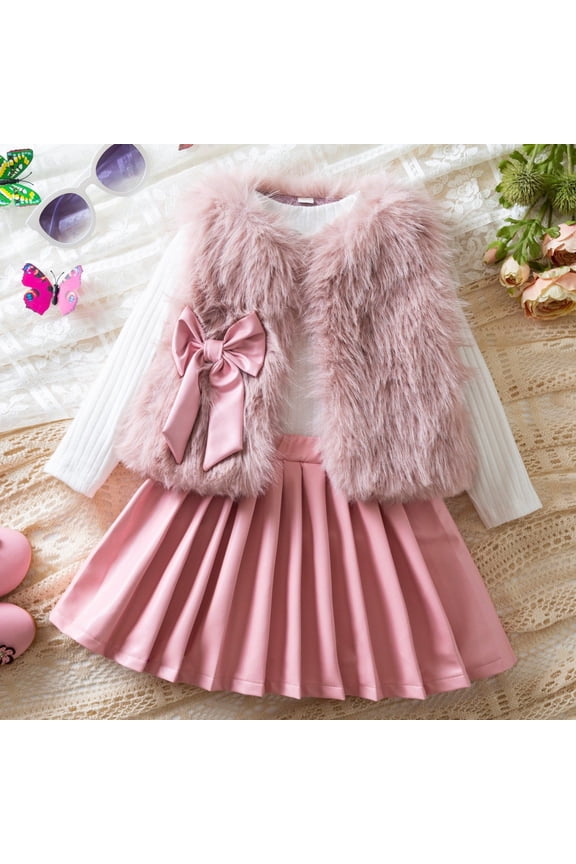 Stylish & Comfortable Girls 2-12Y 3-Piece Set Fleece Vest with Bow PU Leather Pleated Skirt Long Sleeve Round Neck Outfit