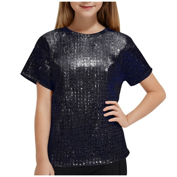 AUNVITO Teens Boys Girls Glitter Shiny Metallic T Shirt Short Sleeve Crewneck Tops Jazz Hip Hop Modern Dance Blouse
