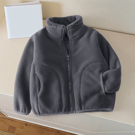 AUNVITO Thermal Fleece Jacket for Boys & Girls 2-12Y Full Zip Front Long Sleeve Solid Color Heavyweight Windbreaker with Loose Fit No Hood Casual Outerwear
