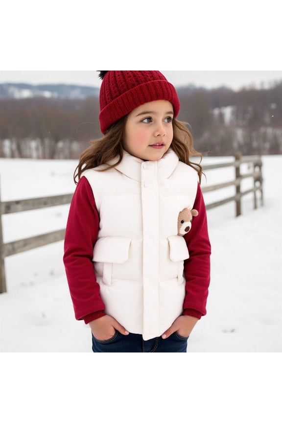 Thermal Fleece Lined Bear Design Vest for Boys & Girls 1-12Y, Windproof Padded Coat, Loose Fit Short Quilted Jacket with Nylon & Spandex
