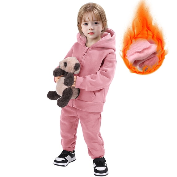 AUNVITO Thermal Fleece-Lined Sportswear Set for Boys & Girls 1-12Y, Solid Color Hooded Sweatshirt & Joggers Casual Fashion Two-Piece Outfit